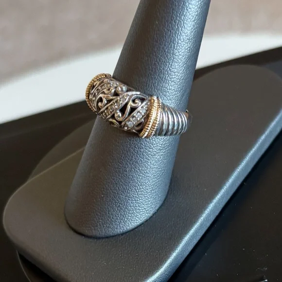 Sterling Silver Filigree, 14k Yellow Gold, and Round Diamonds Ring